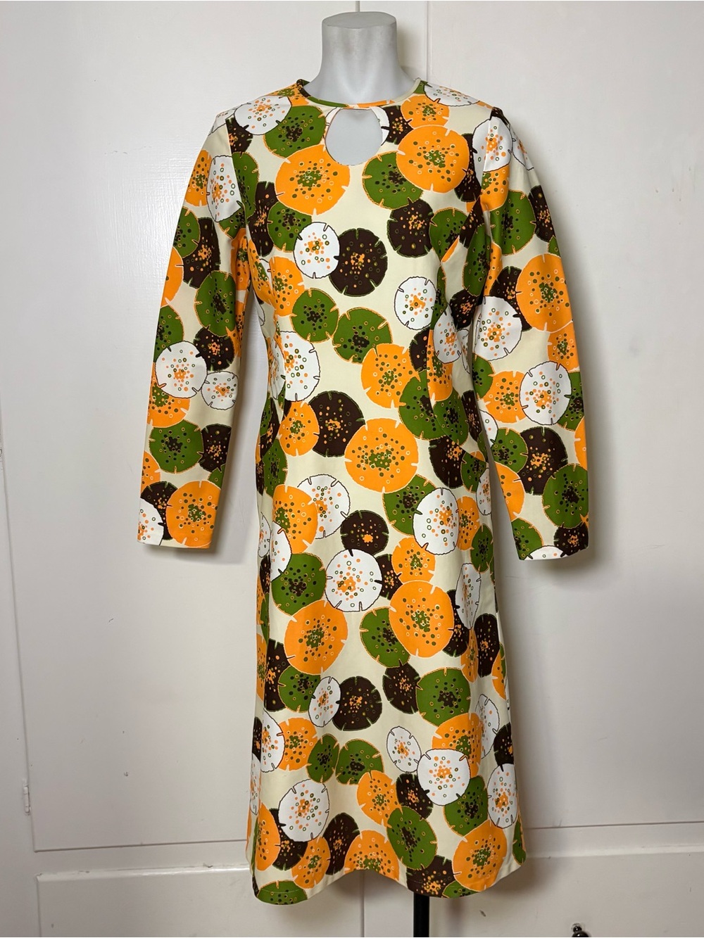 Vintage 70s Orange Green Brown Groovy Abstract Printed Long Sleeve Dress